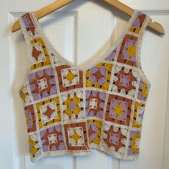 Rebellion Tops - Bohemian Festival Granny Square Patchwork Indie Crochet Colourful Crop Top Small